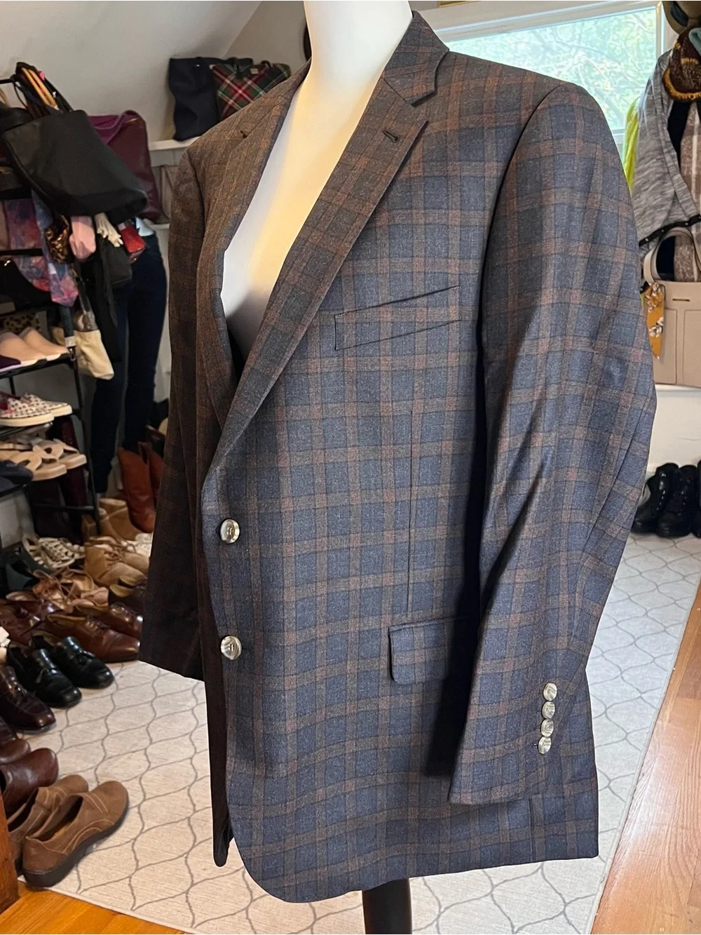 INDOCHINO Men’s 100% Wool Blazer | Size 46R | Brown & Blue Plaid Custom Tailored